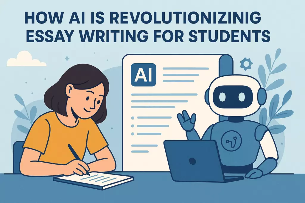 Illustration of a student writing an essay with help from a friendly robot. The text reads 'How AI is revolutionizing essay writing for students', suggesting the use of AI tools in academic writing.